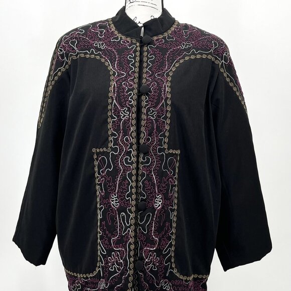 Vintage Carol Cohen‎ Studio Mandarin Collar Embroidered Long Quilted Jacket 1X - Picture 1 of 9